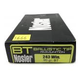 Box of .243 WIN. 90-grain BT Nosler ballistic tip