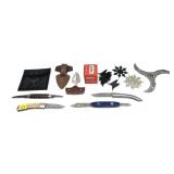 Lot, 4 assorted folding knives, knife in leather