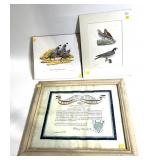 Lot, 2 wildlife prints and framed Victory Citation