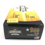Box of 9mm Luger 115-grain FMJ Armscor cartridges,