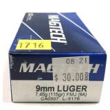 Box of 9mm Luger 115-grain FMJ Magtach cartridges,