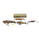 Lot, 4 assorted vintage lures and vintage lure box