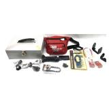 Lot, assorted gun locks and metal box with first