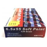 Box of 6.5 x 55mm 139-grain SP Hotshot cartridges,