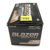 Box of 9mm Luger 115-grain FMJ CCI Blazer brass