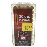 Box of .22 Mag. Hornady V-Max cartridges,