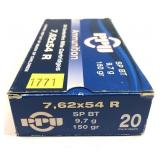 Box of 7.62 x 54R 150-grain SP BT PPU cartridges,