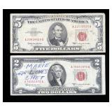 Lot, $5 and $2 red seals, series of 1953/63, 2 pcs