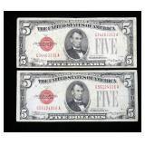 x2- $5 red seals, series of 1928C -x2 notes -Sold