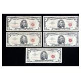 x5- $5 red seals, series of 1963 -x5 notes -Sold
