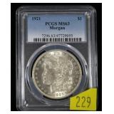 1921 Morgan dollar, PCGS slab certified MS-63