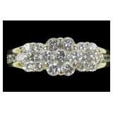 14K Yellow gold three-cluster diamond ring with