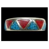 Sterling silver band ring with turquoise and coral