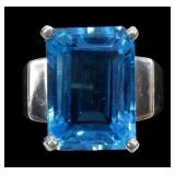 Sterling silver large emerald cut blue topaz ring,
