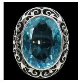 Sterling silver large oval cut blue stone ring,
