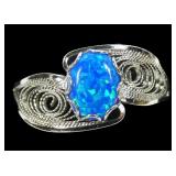 Sterling silver lab blue opal ring in feather