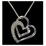 Sterling silver double heart pendant with diamond