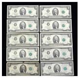 x10- $2 Federal Reserve notes, mixed series -x10