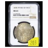 1878 7-T.F. Rev. of 78 Morgan dollar, NCG slab