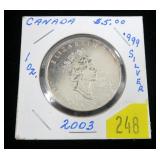 2003 $5 Canadian .999 Fine Silver, 1 oz.