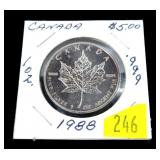 1988 $5 Canadian .999 Fine Silver, 1 oz.