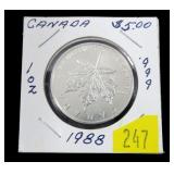 1988 $5 Canadian .999 Fine Silver, 1 oz.