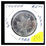 1988 $5 Canadian .999 Fine Silver, 1 oz.