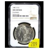 1881-O Morgan dollar, NGC slab certified Unc.