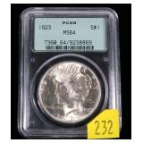 1923 Peace dollar, PCGS slab certified MS-64