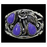 Sterling silver sugalite three-stone ring, size 9,