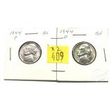 x2- Jefferson nickels: 1944, 1944-D, 35% silver-x2