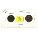 x2- 1910-S Lincoln cents-x2 cents -Sold by the
