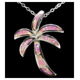 Sterling silver palm tree pendant with pink lab