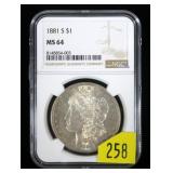 1881-S Morgan dollar NGC slab certified MS-64