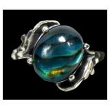 Sterling silver blue paua ring in bypass setting,