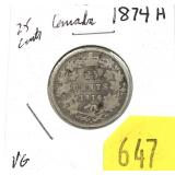 1874-H Canadian quarter
