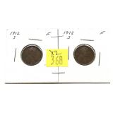 x2- 1912-S Lincoln cents-x2 cents -Sold by the