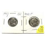 x2- Jefferson nickels: 1943, 1943-S, 35% silver-x2