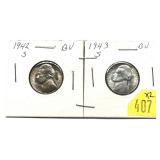 x2- Jefferson nickels: 1942-S, 1943-S, 35% silver,