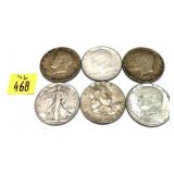 x6- Half dollars, 90% silver -x6 half dollars -