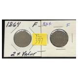 x2- 1864 2-cent pieces-x2 pieces -Sold by the