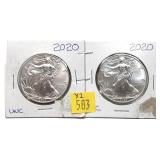 x2- 2020 .999 American Silver Eagles, 1 oz. each-