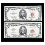 x2- $5 red seal notes series of 1963 -x2 notes-