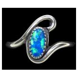 Sterling silver lab blue opal ring in bypass