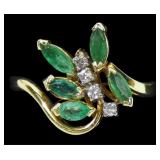 14K Yellow gold marquise cut natural emeralds ring
