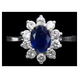 14K White gold oval cut blue sapphire ring with