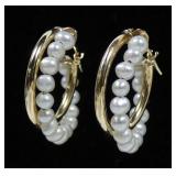 14K Yellow gold and pearl double hoop earrings,