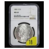 1881-S Morgan dollar NGC slab certified MS-63