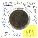 1874 Sweden 5 ore