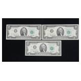 x3- $2 Federal Reserve notes series of 1976, Unc.